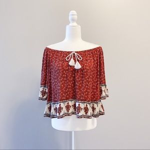 Red Paisley Off The Shoulder Crop Top Size S